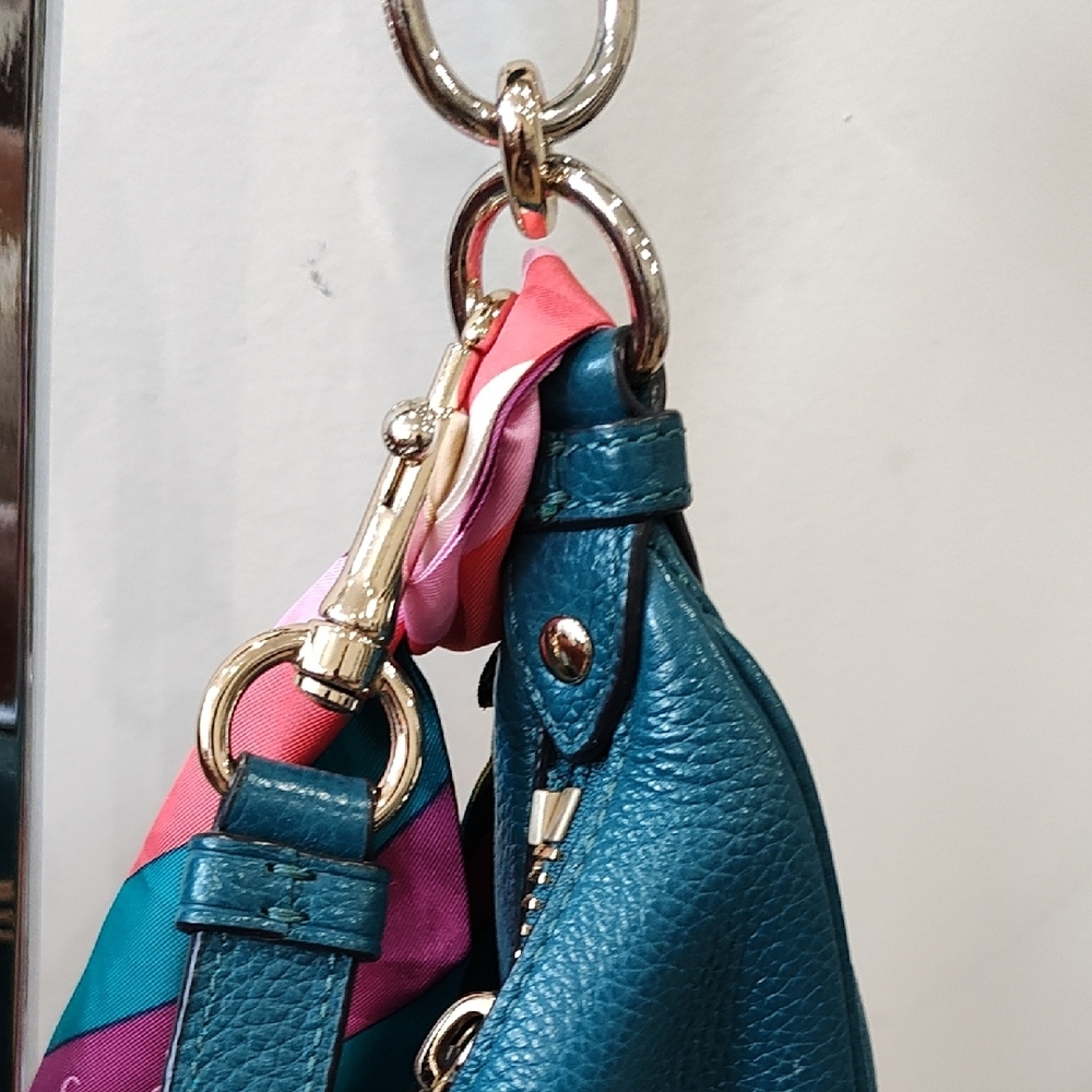 Coach Teal Leather Hobo Bag with Multicolor Scarf - Picture 3 of 6